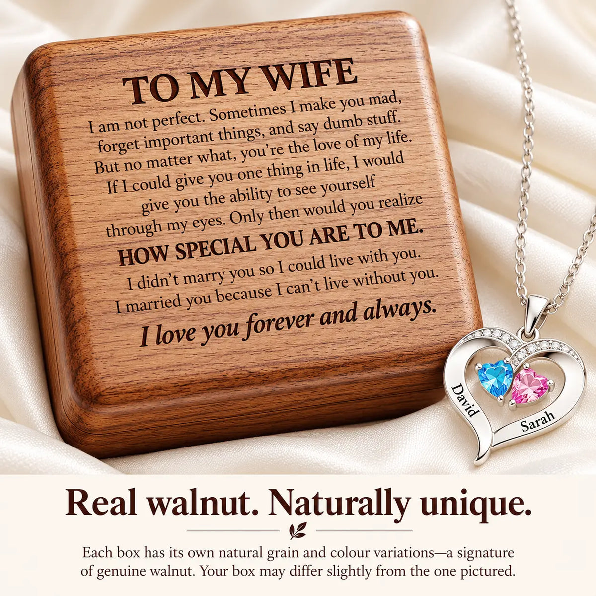 Forever Yours - Birthstone Heart Necklace & Engraved Walnut Box